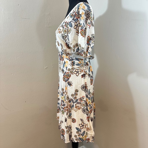 Hummingbird Floral Print Mini Dress V Neck Short Sleeve Tie Waist Summer White L - Picture 4 of 8